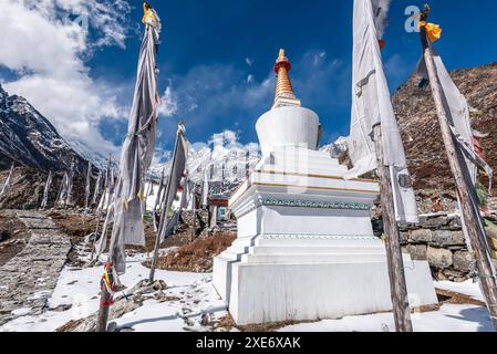 Stupa mit buddhistischen Gebetsfahnen vor dem verschneiten Berg, Langtang Valley Trek, Himalaya, Nepal, Asien Copyright: CasparxSchlageter 1372-438 Stockfoto