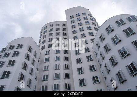 Blick auf den Neuen Zollhof der neue Zollhof, benannt nach einer ehemaligen Zollanlage, einem Gebäudeensemble im Medienhafen und prominentem Wahrzeichen der DUS Stockfoto