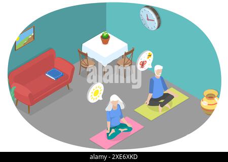 3D Isometrisch flach konzeptionelle Illustration der Vorteile der Meditation für Senioren, gesunde ältere Alter Lebensstil 3D Isometrisch flach Stockfoto