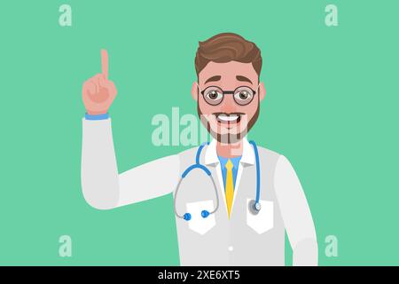 Flache konzeptuelle Illustration des glücklichen lächelnden männlichen Doktors, Healthcare Specialist gibt einen Rat flache konzeptuelle Illustration Stockfoto