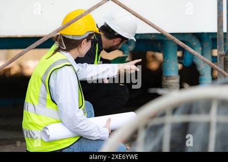 Architekt und Ingenieur mit Erfahrung im mehrstöckigen Gebäudebau, der die Wasserversorgung eines Bauwerks überprüft Stockfoto