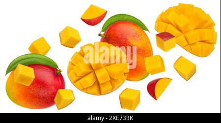 Fallende Mangobrüchscheiben isoliert auf weißem Hintergrund Stockfoto
