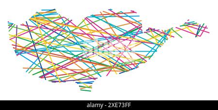 Abstrakte Karte von Zypern, die das Land mit zufälligen, farbigen Linien wie ein Spinnennetz zeigt Stock Vektor