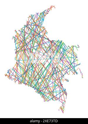 Abstrakte Karte von Kolumbien, die das Land mit zufälligen, farbigen Linien wie ein Spinnennetz zeigt Stock Vektor