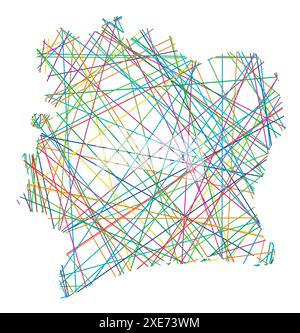 Abstrakte Karte der Elfenbeinküste, die das Land mit zufälligen, farbigen Linien wie ein Spinnennetz zeigt Stock Vektor