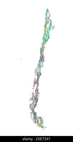 Abstrakte Karte von Chile, die das Land mit zufälligen, farbigen Linien wie ein Spinnennetz zeigt Stock Vektor