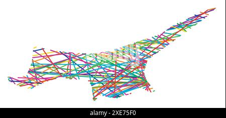 Abstrakte Karte der türkischen Republik Nordzypern, die das Land mit zufälligen, sich kreuzenden farbigen Linien wie ein Spinnennetz zeigt Stock Vektor