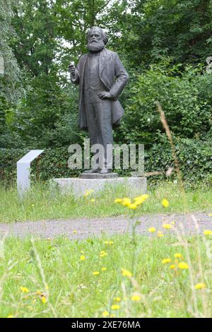 Blick am Sonnabend 22.06.2024 in Neubrandenburg Mecklenburgische Seenplatte auf die Karl-Marx-Statue am örtlichen Schwanenteich. Die Plastik des Bildhauers Gerhard Thieme wurde 1969 zunächst an der westlichen Marktplatzseite der Stadt aufgestellt. Später wurde sie in die Stargarder Straße umgesetzt. 2001 müssen sie infolge von Materialschäden repariert werden. Anschließend lag sie lange Jahre in einem Depot. Im Jahr 2018 wurde sie nach langen Diskussionen unweit vom Friedrich Engels Ring wieder aufgestellt. Im Februar 2022 wurde ihr dann der rechte Arm abgetrennt. Infolge muss sie aufwendig Stockfoto