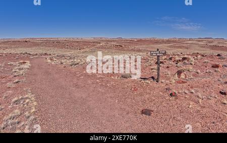 Ein Warnschild, um auf dem Weg zum historischen Agate House im Petrified Forest National Park, Arizona, USA, Nordamerika zu bleiben Stockfoto