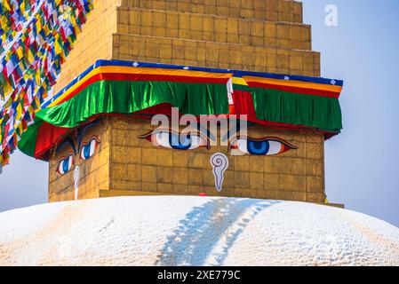 Nahaufnahme des Gesichts des Buddha auf Stupa, Bouddha (Boudhanath), UNESCO-Weltkulturerbe, Kathmandu, Nepal, Asien Stockfoto