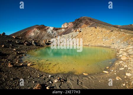 Ufer des Emerald Lake, natürlicher lebendiger Farbverlauf mit Blick auf den Red Crater Vulkan des Tongariro National Park, Nordinsel, Neuseeland Stockfoto