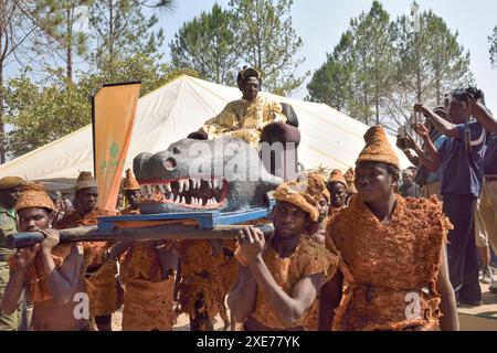 Paramount Chief Chitimukulu kommt an, um die Ukusefya Pa ng'wena Zeremonie zu beginnen, auf seinem Krokodilstuhl in Kasama, Sambia, Afrika Stockfoto