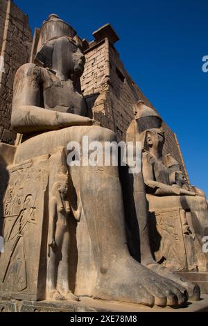 Statuen von Rameses II mit Nefertari (unten), Luxor Tempel, UNESCO-Weltkulturerbe, Luxor, Ägypten, Nordafrika, Afrika Stockfoto