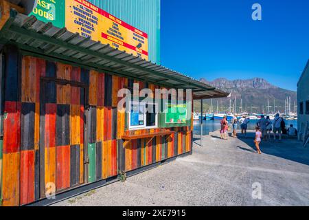 Blick auf die farbenfrohen Gebäude in Hout Bay Harbour, Hout Bay, Kapstadt, Westkap, Südafrika, Afrika Stockfoto