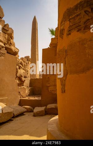 Blick auf den Obelisken von Thutmose I. von der Großen Hypostilhalle, Karnak Tempelkomplex, UNESCO-Weltkulturerbe, in der Nähe von Luxor, Theben, Ägypten, Nordafrika Stockfoto