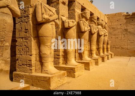 Blick auf Statuen von Ramses III. Im Tempel von Ramses III. Im Tempel von Karnak, Karnak, Theben, UNESCO-Weltkulturerbe, Ägypten, Nordafrika, Afrika Stockfoto