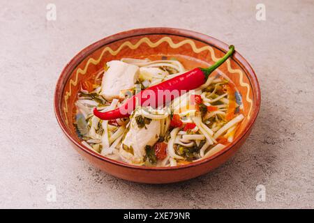 Suppe Hähnchen – Brühe mit Nudeln, Kräutern, Pfeffer und Gemüse auf Teller Stockfoto