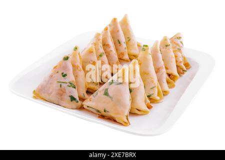 Dreieckige Pfannkuchen mit Fleisch auf Teller Stockfoto