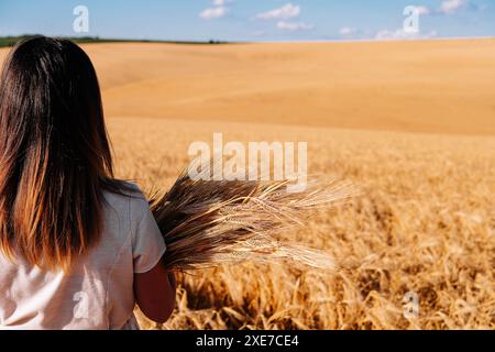 Frau in weißem Kleid steht auf dem Feld mit Weizen Stockfoto