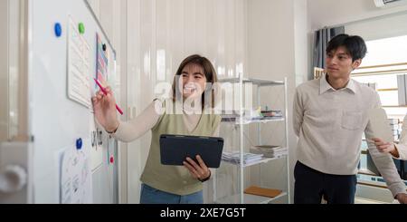 Creative UX Developer und UI Designer Brainstorming für Ideen auf Whiteboard in moderner Büroumgebung Stockfoto