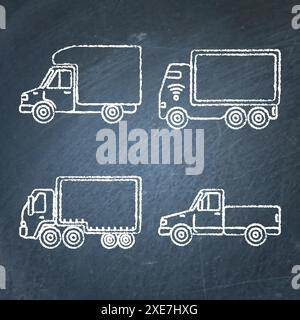 Set von LKW-Icons Skizzen auf Tafel. Sammlung von Lastenfahrzeug Symbole Zeichnungen. Stock Vektor