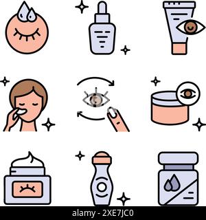 Farbsymbole für Augencreme eingestellt. Hautpflege Flat Symbols Kollektion. Creative Eye Cream. Vektor isolierte einfache Zeichnung. Stock Vektor