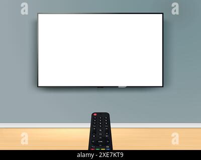 Online-Fernsehen mit Fernbedienung. Die Fernbedienung ist auf den Fernseher an der Wand gerichtet. Vektorabbildung. Stock Vektor