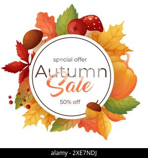 Herbstangebot. Herbstrahmen mit Blättern und Pilzen auf weißem Hintergrund. Vektor. Stock Vektor
