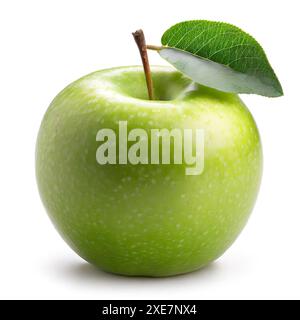 Grüner Apfel mit Blatt isoliert auf weißem Hintergrund. Beschneidungspfad Stockfoto