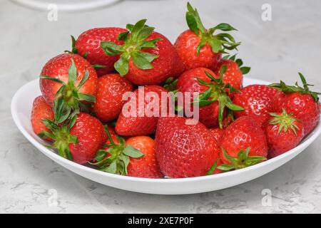 Frische reife, leckere Erdbeeren in einer weißen Schüssel auf grauem Steingrund Stockfoto