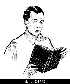 Mann, der ein Buch liest. Handgezeichnete schwarze und weiße Illustration im Retro-Stil Stockfoto