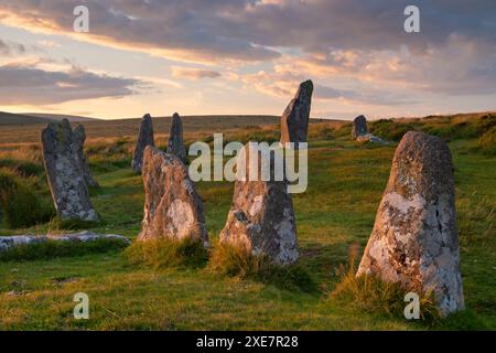 Der megalithische Steinkreis von Scorhill im Dartmoor-Nationalpark, Devon, England. Sommer (Juli) 2017. Stockfoto