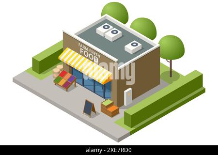 Isometrische Landwirte verkaufen eine Auswahl an ökologischem Obst und Gemüse auf einem Bauernmarkt. Gemüse, faires Essen. Verkäufer und Marketing, Shop und Stock Vektor