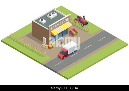 Isometrische Landwirte verkaufen eine Auswahl an ökologischem Obst und Gemüse auf einem Bauernmarkt. Gemüse, faires Essen. Verkäufer und Marketing, Shop und Stock Vektor