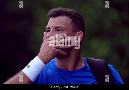 Grigor Dimitrov im All England Lawn Tennis and Croquet Club in Wimbledon vor den Wimbledon Championships, die am 1. Juli beginnen. Bilddatum: Mittwoch, 26. Juni 2024. Stockfoto