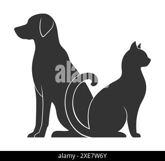 Schwarze Silhouetten einer Katze und eines Hundes, die mit dem Rücken zueinander auf weißem Hintergrund sitzen. Illustration des flachen Vektors Stock Vektor