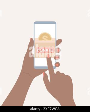 Spende für wohltätige Zwecke online. Die Hand der schwarzen Frau hält ein Smartphone mit einer Spendenbox und einer goldenen Münze auf dem Bildschirm. Illustration des flachen Vektors Stock Vektor