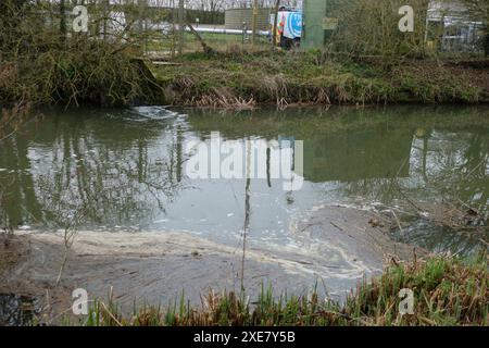 Abwasserüberlaufleitung aus einer Kläranlage am Kennet and Avon Canal in Kintbury mit einer Ansammlung von Abschaum und Verschmutzung am gegenüberliegenden Ufer Stockfoto