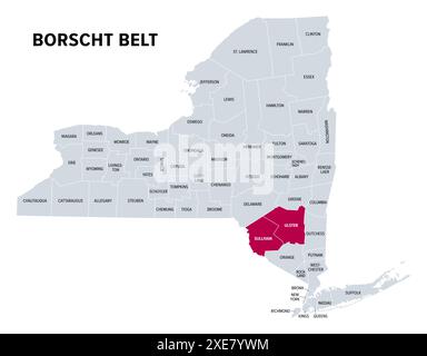 Borschtgürtel oder Jiddische Alpen, politische Karte. Umgangssprachliche Bezeichnung für meist nicht mehr existierende Sommerresorts in den Catskill Mountains und Sullivan und Ulster County. Stockfoto