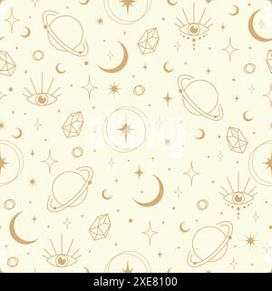 Handgezeichnetes nahtloses Muster mystischer Elemente. Sonne, Mond, Stern und Augenlinie Kunst im 2D-Stil. Himmelsvektor Stock Vektor