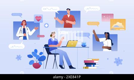 Medizinische Online-Konferenz oder Webinar. Ärzte im Videogespräch. Mitarbeiter im Gesundheitswesen kommunizieren. Medizinstudierungs-Vortrag, Fortbildungskurs oder Arzt-Internet-Seminar. Studenten hören Professor Stock Vektor