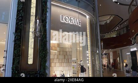 Firmenlogo-Schild des spanischen multinationalen Luxusmodehauses Loewe, das vor seinem Geschäft im K11-Musea in Hongkong, China, zu sehen ist Stockfoto