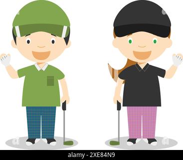Sport-Vektor-Illustrationen: Golf männliche und weibliche Zeichentrickfiguren Stock Vektor