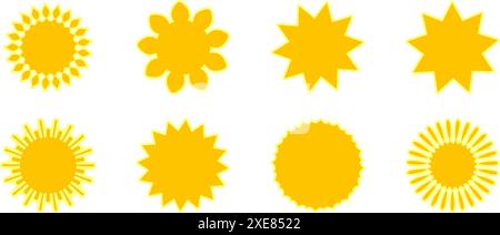Promo-Set mit gelben leeren Aufklebern. Sammlung von flachen Starburst, Verkaufs- oder Preisschild, Qualitätskennzeichen Design, Retro-Rabattabzeichen, Sunray Promotion Stock Vektor