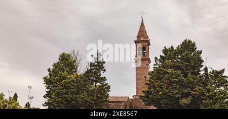 Der Glockenturm mit Ziegelfassade erhebt sich über die Baumkronen vor einem bewölkten Himmel Stockfoto