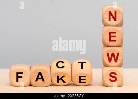 Fakten und Fake News auf Holzwürfel stehen die Worte: Fact News und Fake News *** Fakten und Fake News die Wörter Fake News und Fake News werden geschrieben Stockfoto