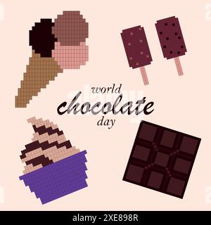 Happy World Chocolate Day. Pixel-Schokoladen-Symbole. Sammlung von Pixelelementen für Drucke, Karten, Poster, Banner, Produktdekoration. Stock Vektor