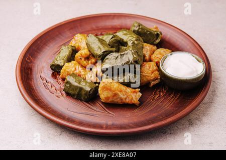 Dolma Kohl rollt Traubenblätter und füllt sie aus nächster Nähe Stockfoto