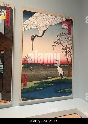 Zum ersten Mal seit 24 Jahren kehrt Utagawa Hiroshige mit 100 berühmten Ausblicken auf Edo – einer der größten Schätze des Brooklyn Museums – wieder in die Öffentlichkeit zurück. Das komplette Set dieser gefeierten Drucke des Museums gehört zu den besten der Welt, voller lebendiger Farben, die Jahrzehnte im Dunkeln erhalten haben. Der Künstler Takashi Murakami (* 1962 in Tokio, Japan) entführt Hiroshiges Ansichten mit einer Reihe eigener Gemälde in ein fantastischeres Reich. Entstanden in direkter Reaktion auf 100 berühmte Ansichten von Edo, laden diese Werke dazu ein, Hiroshiges Welt und seine Beiträge zur globalen Kunstgeschichte zu überdenken. Stockfoto