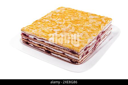 Köstlicher mehrschichtiger Kakaoschwammkuchen mit Mandeln Stockfoto